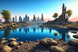 lagoon, rocks, distant mountains, arid land, dry trees, distant modern contemporary city, epic.