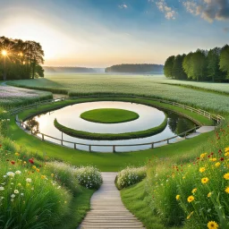 a round stage in country side in center of picture ,green field ,flowers , small river