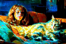 impasto, hard plastic strokes, closeup, night, light brown haired woman with cat on sofa in an elegant room S<AI in tiffany lamp light Weight:1 neo-impressionism expressionist style oil painting, smooth post-impressionist impasto acrylic painting, thick layers of colourful textured paint Weight:0.9