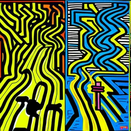 two roads diverged , art, acrilyc colors, bright, keith haring, picasso, masterpiece