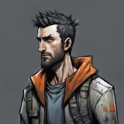 man,, looking serious, comic book, post-apocalypse, grey background