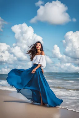 young lady wearing beautiful maxi blue skirt and elegant long shirt standing in beach posing to camera ,upper body shot,ships in sea ,blue sky nice clouds in background