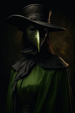 pestilence as female goddess with a greenish plague doctor mask realistic dark oil painting, 8k, many details