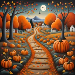Painting of a path through a pumpkin patch, swan country, whimsical art, late autumn, village in the woods, Jane Newland, whimsical fantasy landscape art, spooky autumn colors, in autumn, by Janet Archer, by Sheila McLean, very coherent works Stylish Art, by Elaine Hamilton, Landscape Works, by Jane Kelly, Amazing Art, by Tom Scott RSA