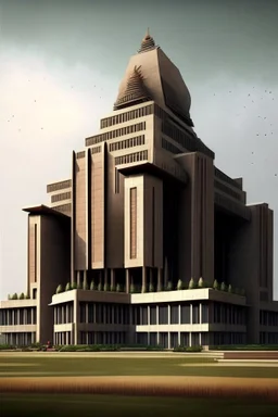 Modern Architectural style for building of India's military Headquarters, make it visibly military and intelligence style at the same time similar to Indian Architecture, use darker colors, make it wider and not much taller