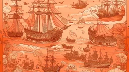 A light rosy orange colored bay with pirate ships and crystals designed in medieval tapestry