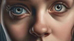 Dramatic close-up of a female face with large, expressive eyes, intense and absorbing gaze, dilated pupils reflecting soft light, long and defined eyelashes, lips half-open in mid-dialogue, smooth skin with a soft natural blush, intimate and close atmosphere, hyperrealistic portrait style