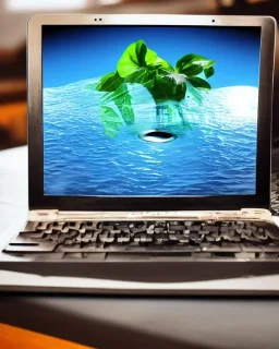 A book staring at a computer with water in it.