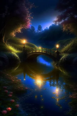 A night bridge in the park, a cozy lonely flashlight is burning, a crystal clear river under the bridge, beautiful flowers around, rose petals on the water, glow professional photo, careful drawing of small details,detailed digital painting, high image detail 120k, fine detailed drawing, perfect angle, professional photo, HDR, UltraHD, many details, pixel study, hyperreal, 9D, hyper detail, photorealism, ultra high graphics, realistic, hyper clarity