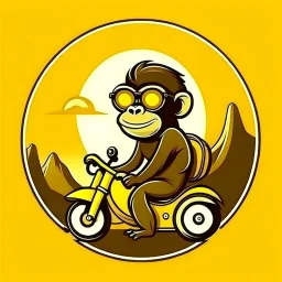 Monkey riding a scooter with sunglasses and a big smile, have a mountain sunset on the background, make a round logo, make the color brown