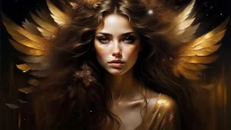 ethereal faerie, delicate large golden wings, mesmerizing dark brown eyes, flowing golden hair, impasto technique