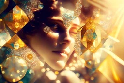 double exposure, merged layers, top view pattern of gemstones in sunshine intimate Victorian Boudoir, soft edges bokeh highly detailed dof portrait dynamic lighting Alphonse Mucha