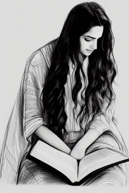 Pencil sketch of Young woman, Arab features,sad, long wavy hair, reading a book, full body، on lined paper