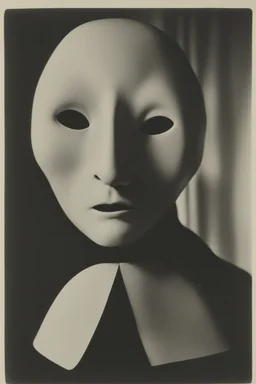 a black and white photograph in the style of man ray, the photograph is of a scary ghost mask