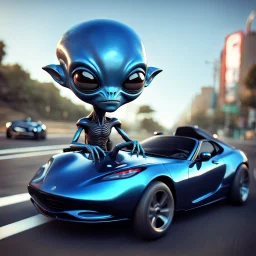 Magnetic blue cartoon alien driving a shiny black open sports car on a san fransisco road, character portrait by Mike Winkleman, featured in cgsociety, pop surrealism, rendered in cinema4d, daz3d, behance hd