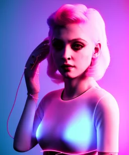 Artist, young madonna, android woman, sweet, blonde, white skin, long eyeliner, contour make-up, color leds lights, short hair, circuits, cyberpunk, latex coat, feather, cyber punk, neon, cables, portrait, studio photo, unreal engine 5, soft color, 16 bit, god lights, ray tracing, RTX, lumen lighting, ultra deatail, volumetric lighting, 3d, finely drawn, hd.