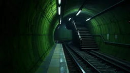 GAME CONCEPT ART .two poin perspective.Station platform and stairs from side .photograph inside of hole .Inside the old subway tracks, . Low light and closed green moss walls. Like the original design of the game space ,digital art.landscape,far camera old painting,2 Chen and George Hopper, Rembrandt lighting, a dark green color scheme, . --ar 13:16 --v 6. 0 metro game