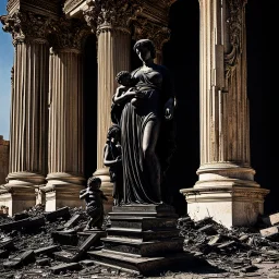 A large black marble statue of a woman holding a baby in her arms, standing among the remains of fallen columns of a Corinthian temple, a very detailed sculpture