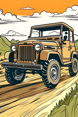 Jeep on the road, cartoon style, thick lines, low details, --ar 9:11