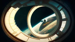 circular, tube, space station over a planet, photorealism