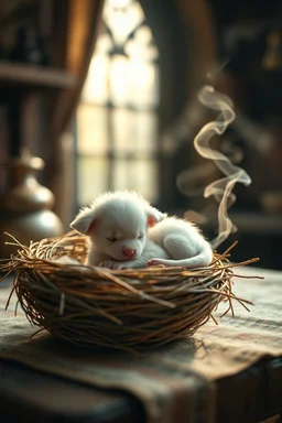 demon [A tiny white puppy curled up in a nest on a medieval wizard's table]. Shot with a macro lens (f/2.8, 50mm) and a Canon EOSR5, the soft focus captures [the cozy morning light filtering through a nearby window]. The pastel colors and whimsical steam shapes enhance the serene atmosphere, evoking a DnD RPG setting. The image is rendered in 16K and 8K, highlighting [the intricate details and medieval charm]