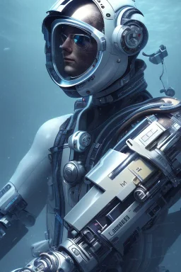 diver like a cyborg,with gun,hi quality detail,textures,cinematic,aqua