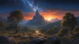 A stunning night sky seen from the bottom of a deep valley. millions of stars. exquisite realism, a masterpiece, fantasy concept art, dynamic lighting, hyperdetailed, intricately detailed, deep color, Unreal Engine, volumetric lighting, Epic cinematic brilliant stunning intricate meticulously detailed dramatic atmospheric maximalist digital matte painting. Michael whelan.