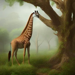 A giraffe, nibbling at the top branches of a cluster of small trees he towers over