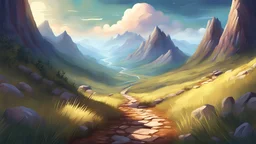 illustration {a scene showing a path leading away in the mountains} digital art, semi-realistic, fantasy, dreamscape