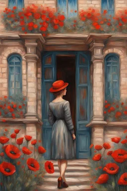 A beautiful girl standing in classic old building with bricks stones texture with a balcony filled with red poppies growing out of it , oil colors drawing with Van Gogh painting style