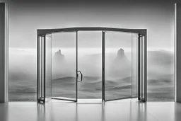 a surreal open glass gate in a glass wall with a view of a desolate landscape, fog, monochrome, strong contrasts, by artist "Leonora Carrington",by artist "Zaha Hadid""