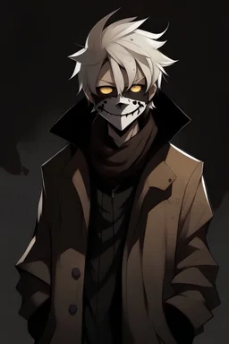 Make an artistic persona from this description. Brown trenchcoat shaggy white hair male black jeans boots a smiley face mask, round and :) void / shadow face underneath