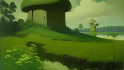 A dark green mushroom wetlands with a fortress painted by Birge Harrison