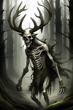 wendigo with deer skull covering head and face and emaciated full body image
