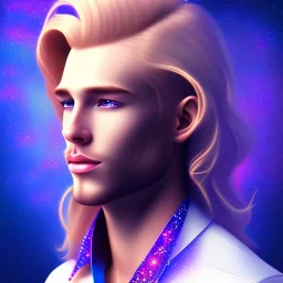 smiling beautifull long hair blond man face with cristal diamond on the forehead and cosmic purple and blue sky behind