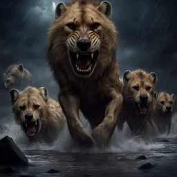 Hyper Realistic Angry-Hyenas Attacking Angry-Lions on with river-water flow, big-stones at dark-Rainy-night showing dramatic & cinematic ambiance