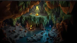 blocky 3D low poly cartoon render style of the image, fantasy environment view from above, a cave interior view from inside, dark and gloomy mood, there are a couple of stalactites growing from the ground, a campfire lightens a small part of the cave on the left