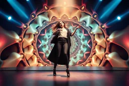 modern stage with a pretty lady in modern clothing dancing, 3D recursive fractal structure animating background