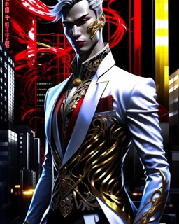 Striking hyper-realistic anime illustration of a powerful male protagonist, dressed in a white, red, black and gold outfit. Featuring obsidian patterns with gold details and the edges emit fascinating energy. Muscular physique accentuated with sleek lines and details. Futuristic cityscape background. Masterpiece of art that combines anime and science fiction aesthetics. Poster-worthy cinematic illustration