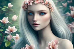 femme long cheveux blond yeux bleus , 8k resolution, flower magnolia, beautifulhijab portrait, 8k resolution, flower head and body, beautiful