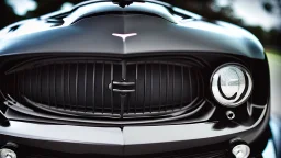 Photograph of a the front grill of a gorgeous, expensive, oldschool black sports car with a big, black front grill, realistic, stylish, taken up close from the front of the car.