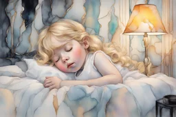 a cute little girl with blonde hair sleeping in an elegant bedroom, tiffany painted lamp lit in the background, S<AI in moonshine. Pastel melting watercolour and black ink outlines on wet paper, shading colors, light strokes. cracked holographic marble background, the cracks are golden