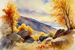 Sunny day, autumn trees, rocks, fantasy, mountains, epic, john singer sargent watercolor paintings