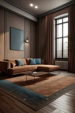 tiny livingroom with compact sofa bed taupe, carpet modern jan kath, style modern design, parquet floor, colour rust wallpaper with atmospehere licht blue accents