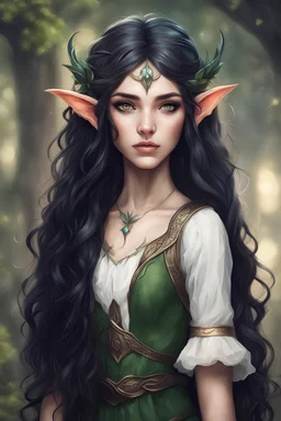 teenager beautiful elven girl, with long wavy black hair and elf ears