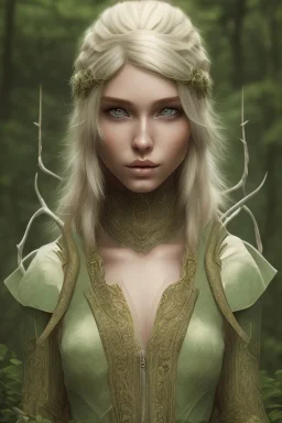 Elf Ranger, dnd character portrait, pale green eyes, blonde hair, earth tone clothes, hyperrealistic, intricate details, insanely detailed, forest background, natural lighting