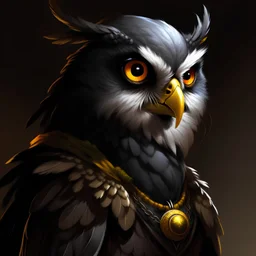D&D character portrait, male owl human, black feathers, yellow eyes
