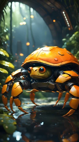 magazine cover, metallic yellow orange crab turtle robot chivalry knight with friendly cute face and hair locks in dark lit reflective wet jungle metallic hall dome hotel tunnel, in the style of fallout 4 game,bokeh like f/0.8, tilt-shift lens 8k, high detail, smooth render, down-light, unreal engine, prize winning