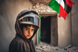 A Palestinian child in a broken building, Palestine flag, neon effect , close picture, highly detailed, high details, detailed portrait, masterpiece,ultra detailed, ultra quality