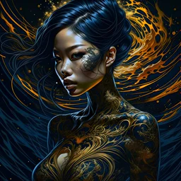 beautiful asian woman, Black ink flow, 8k resolution, photorealistic masterpiece by Aaron Horkey and Jeremy Mann, intricately detailed fluid gouache painting by Jean Baptiste, professional photography, natural lighting, volumetric lighting, maximalist, 8k resolution, concept art, intricately detailed, complex, elegant, expansive, fantastical, cover, brass and chrome tones